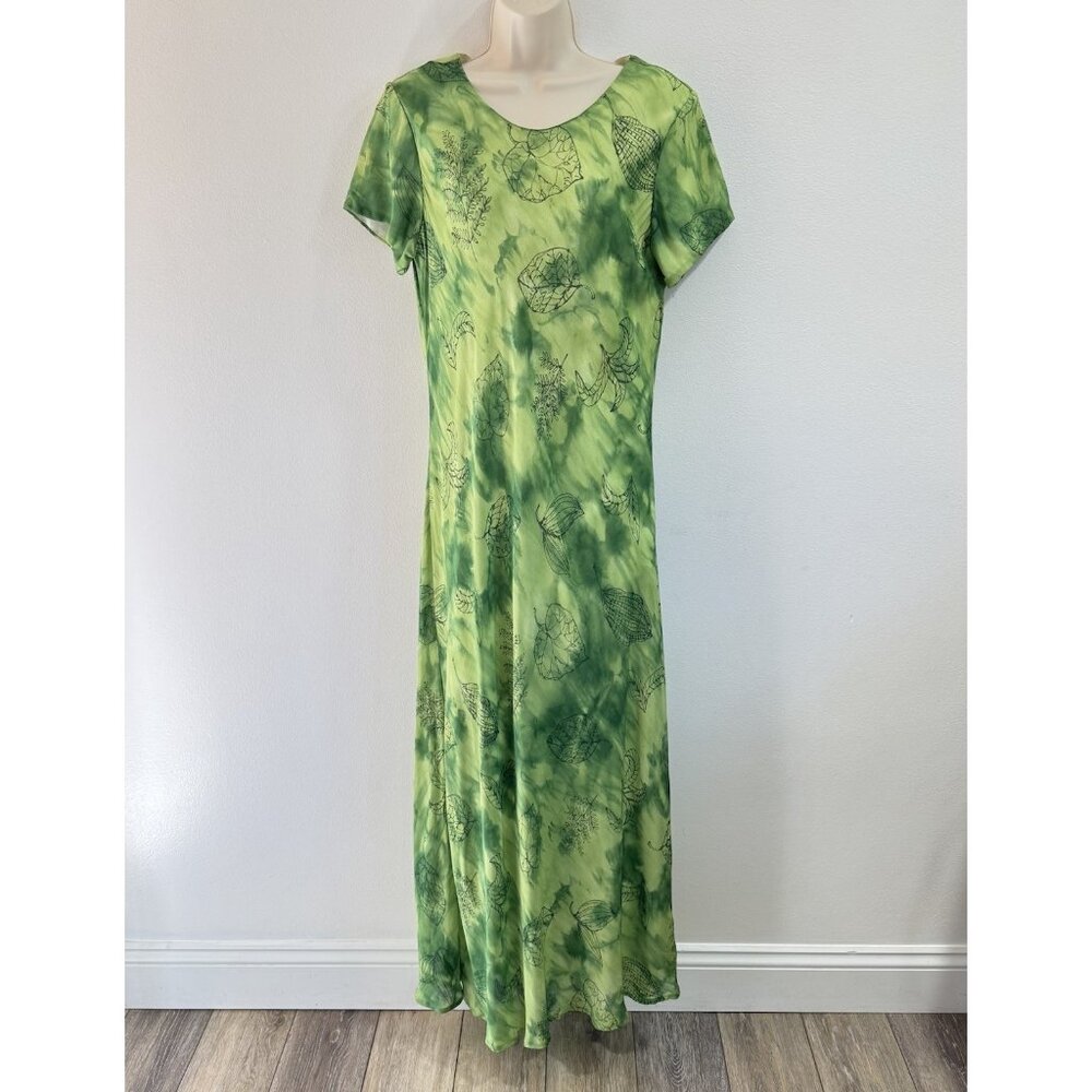 Vintage 90s Y2K Maxi Shirt Dress 14 Green Tie Dye Floral Chiffon Fairycore